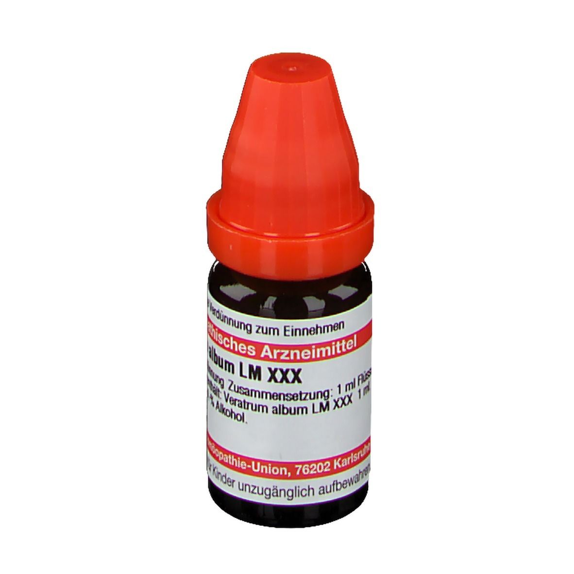 Braune Glasflasche mit rotem Verschluss. Etikett mit Produktinformationen. Deutsche Homöopathie-Union.