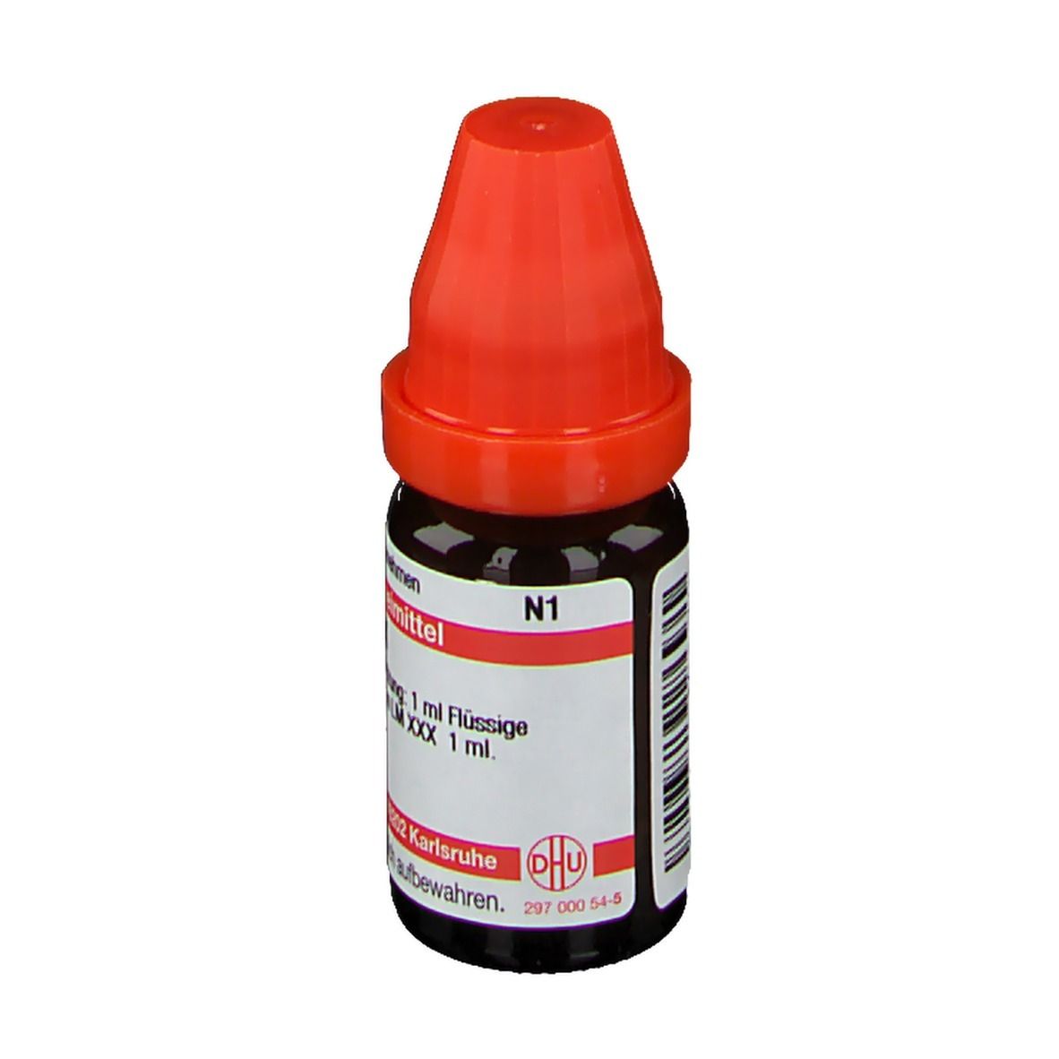 Braune Glasflasche mit rotem Verschluss. Etikett mit Produktinformationen. Deutsche Homöopathie-Union.