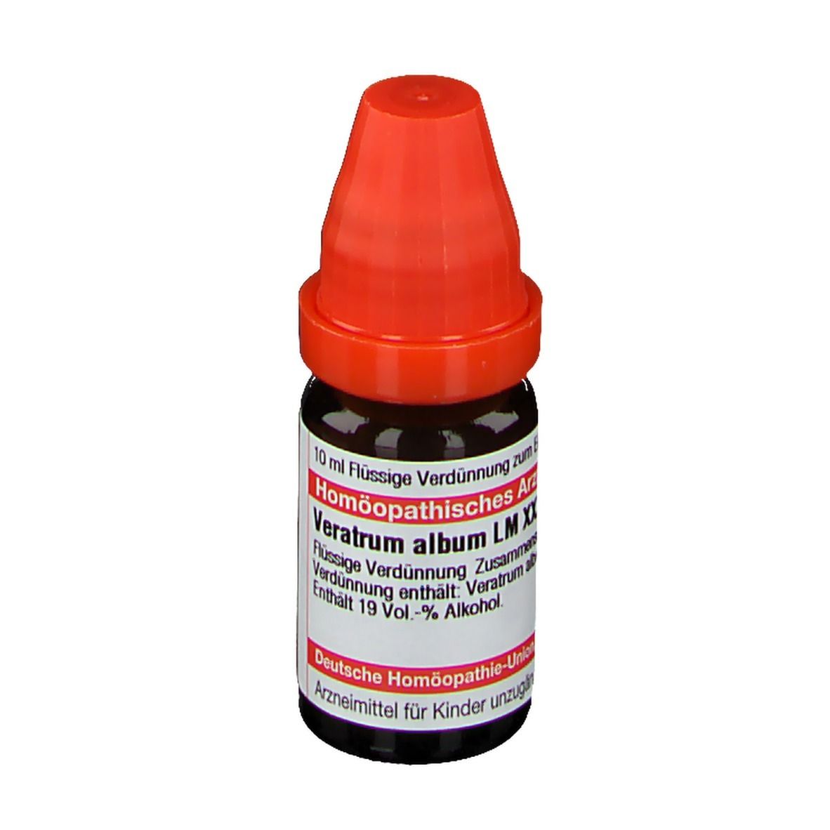 Braune Glasflasche mit rotem Verschluss. Etikett mit Produktinformationen. Deutsche Homöopathie-Union.