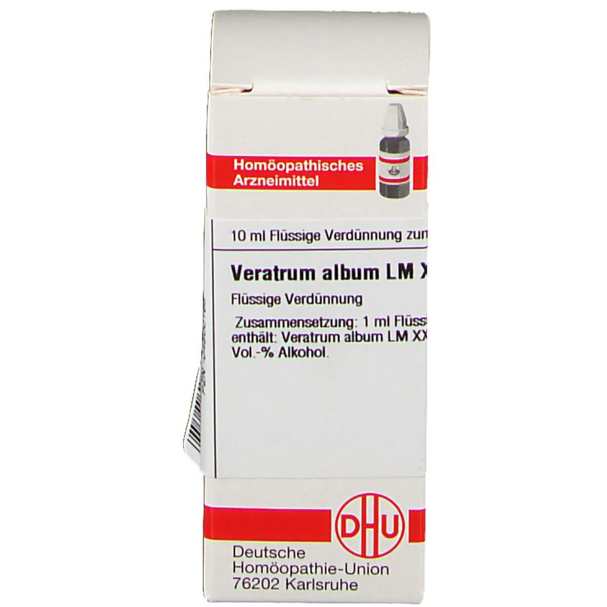 Karton mit Produktinformationen und brauner Glasflasche mit rotem Verschluss. DHU.
