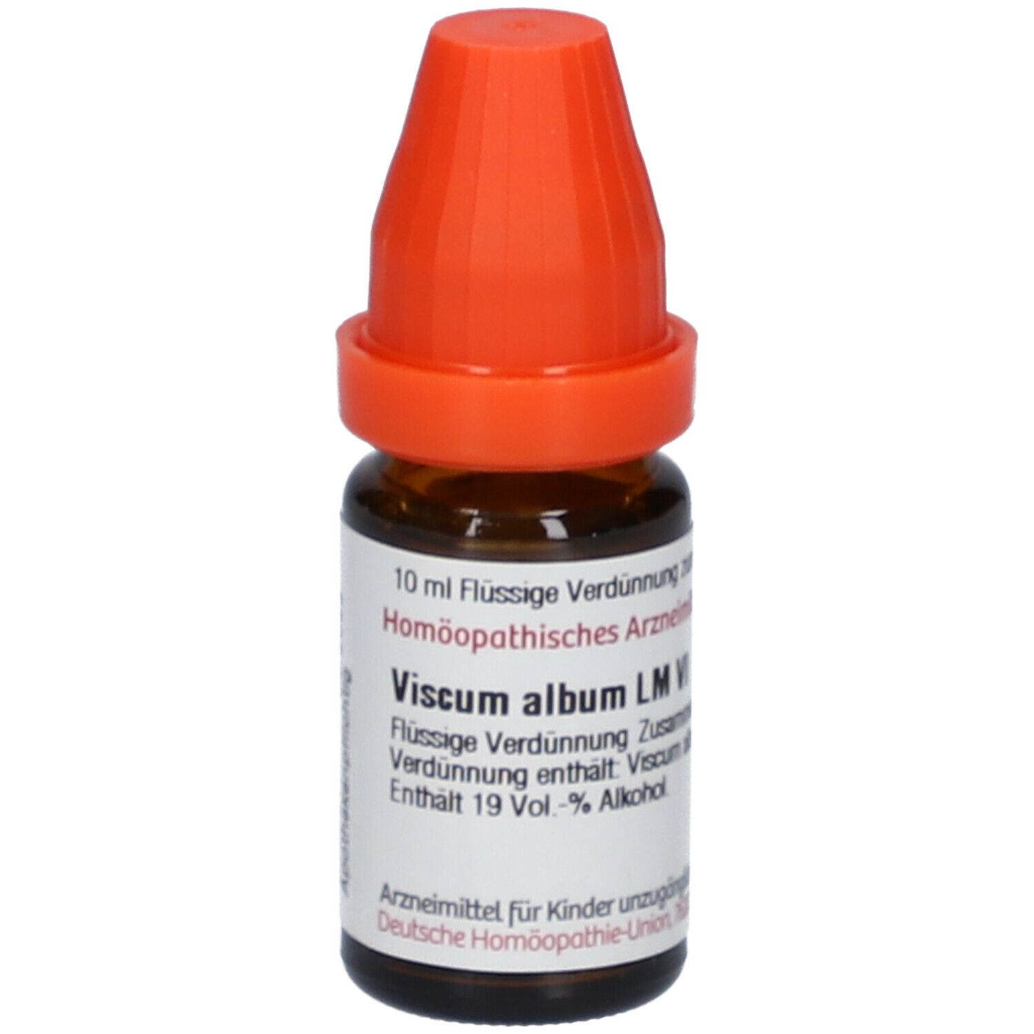 Braune Glasflasche mit orangefarbenem Verschluss. Etikett mit Produktinformationen. DHU Viscum album LM VI.