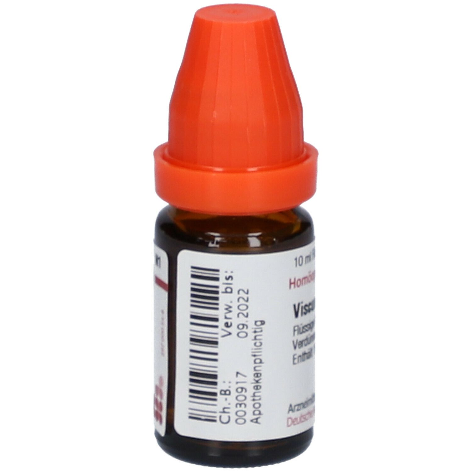 Braune Glasflasche mit orangefarbenem Verschluss. Etikett mit Produktinformationen und Verfallsdatum. DHU Viscum album LM VI.