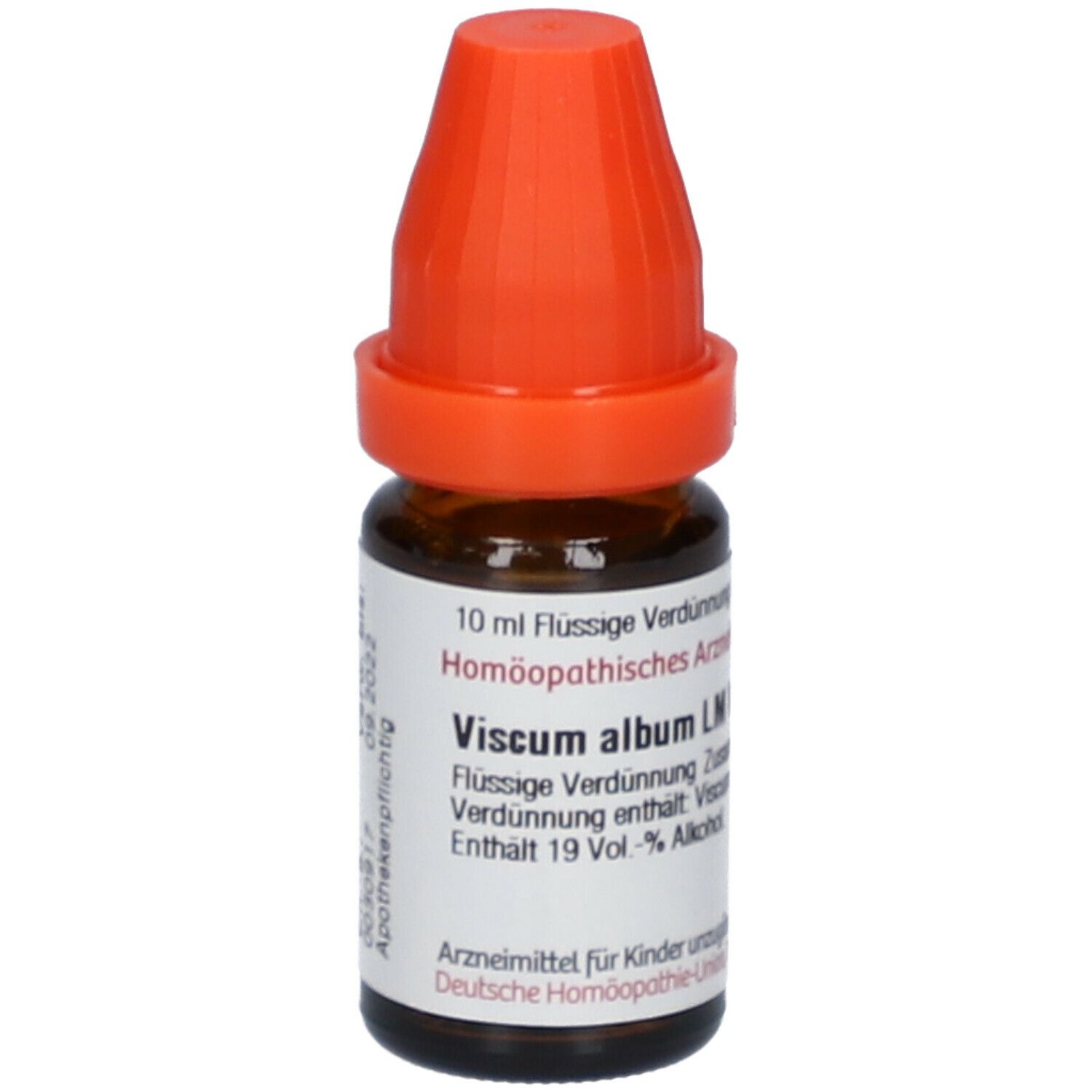 Braune Glasflasche mit orangefarbenem Verschluss. Etikett mit Produktinformationen. DHU Viscum album LM VI.