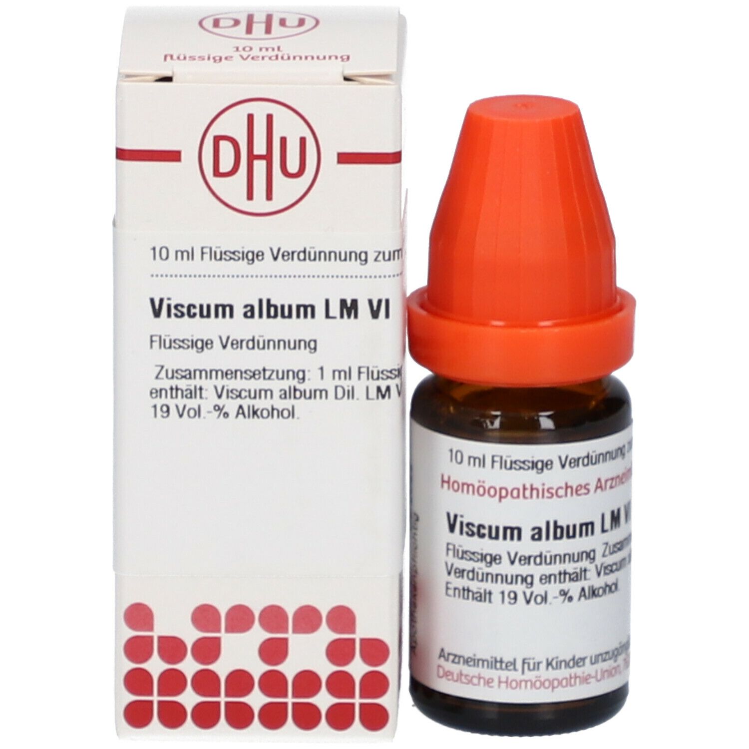 Produktflasche und Verpackung. Braune Flasche mit orangefarbenem Verschluss. DHU Viscum album LM VI.