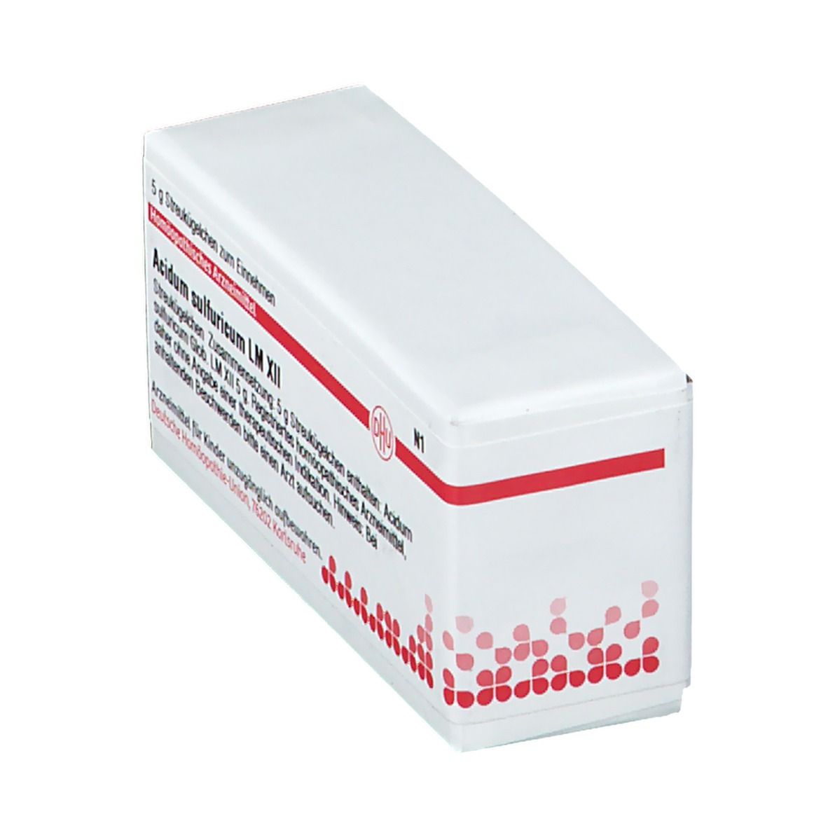 Schräg gestellte, weiße Arzneimittelverpackung mit roter Schrift. Enthält DHU Acidum sulfuricum LM XII. Aufdruck: 5 g Streukügelchen.