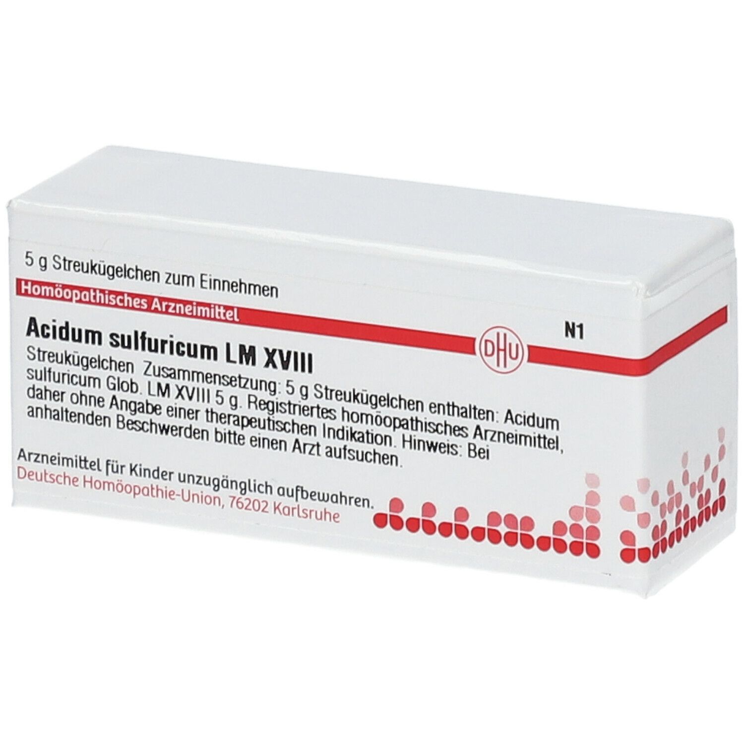Weiße Schachtel mit roter Schrift und DHU-Logo. Beschriftung: Acidum sulfuricum LM XVIII, 5 g Streukügelchen.
