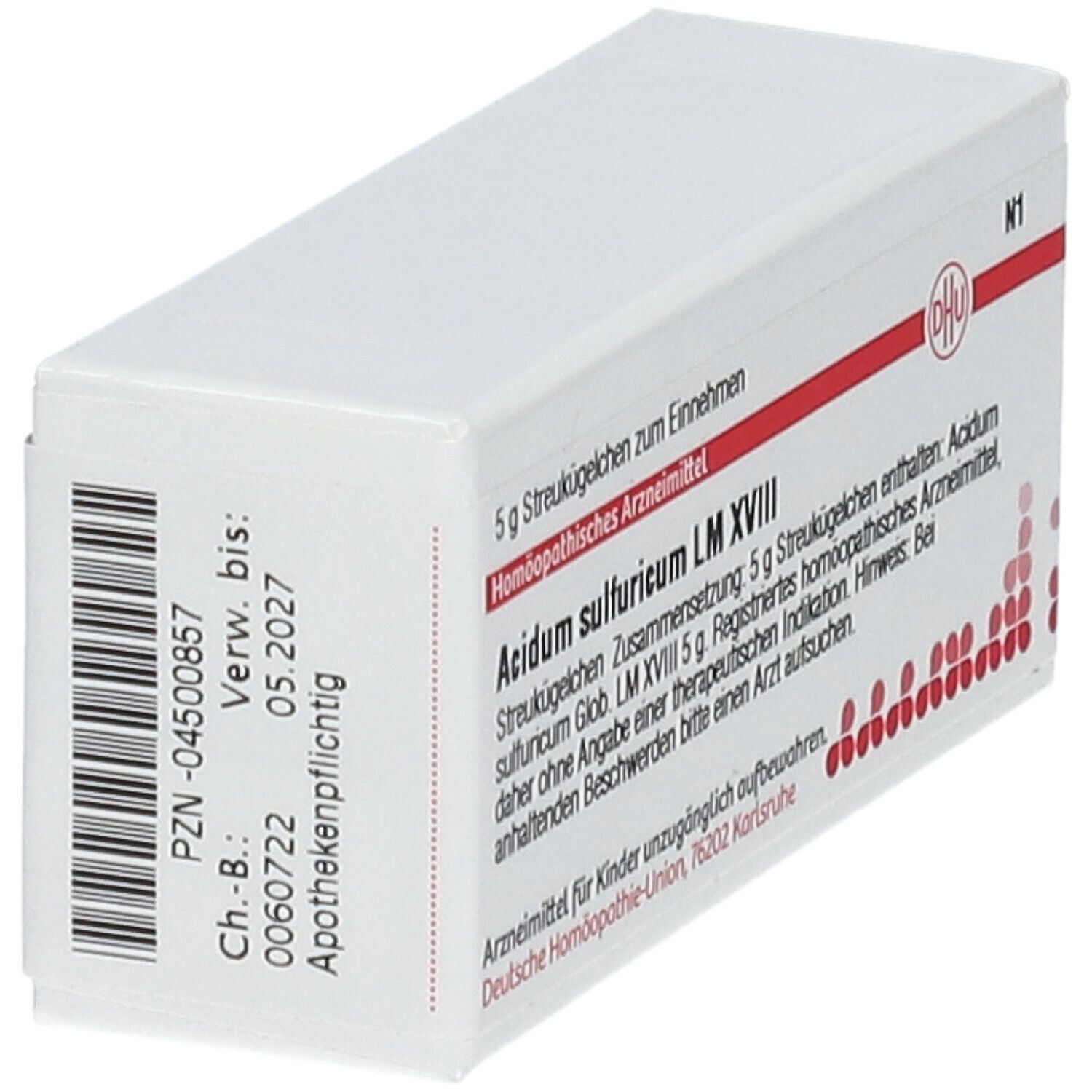 Weiße Schachtel mit roter Schrift und DHU-Logo. Beschriftung: Acidum sulfuricum LM XVIII, 5 g Streukügelchen. Barcode.