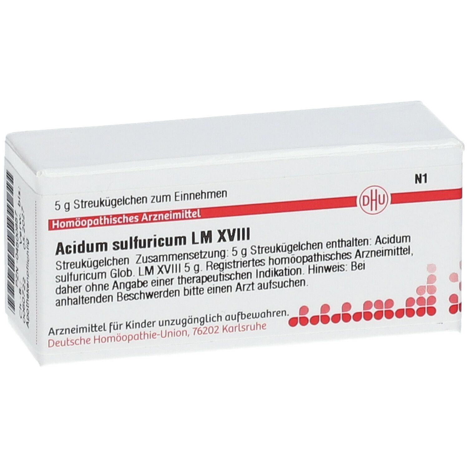 Weiße Schachtel mit roter Schrift und DHU-Logo. Beschriftung: Acidum sulfuricum LM XVIII, 5 g Streukügelchen.