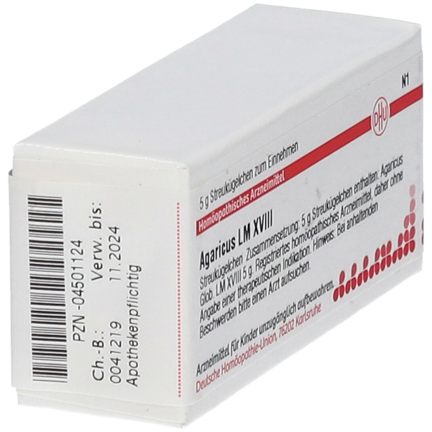 Weiße Schachtel mit Barcode und Text. Aufschrift: Agaricus LM XVIII, 5 g Streukügelchen, DHU Logo. Verfallsdatum 11.2024.
