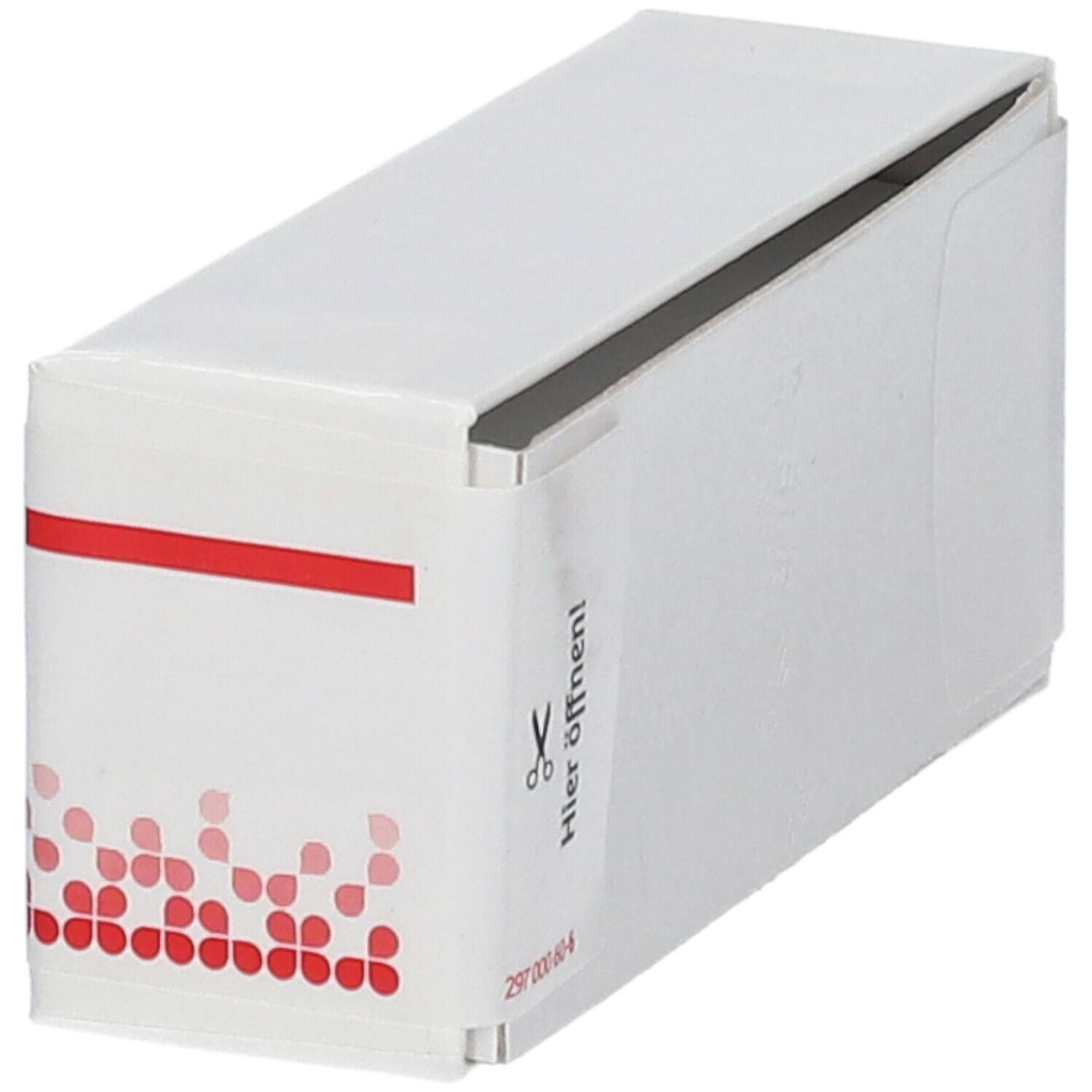 Weiße Schachtel mit roter Linie und Text. Aufschrift: Hier öffnen! Schere-Symbol. Rote Punkte. Produktname nicht sichtbar.