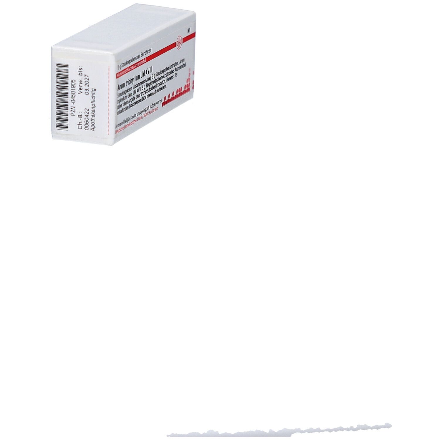 Schachtel, schräg von oben. Aufschrift: Arum triphyllum LM XVIII. Barcode und Chargennummer. Apothekenpflichtig.