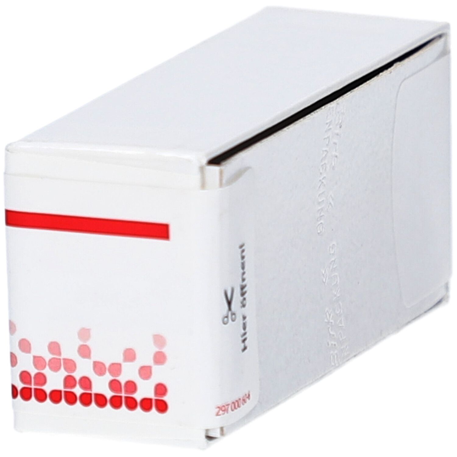 Schachtel, Ecke mit rotem Streifen. Aufschrift: Hier öffnen! Chargennummer. Apothekenpflichtig.