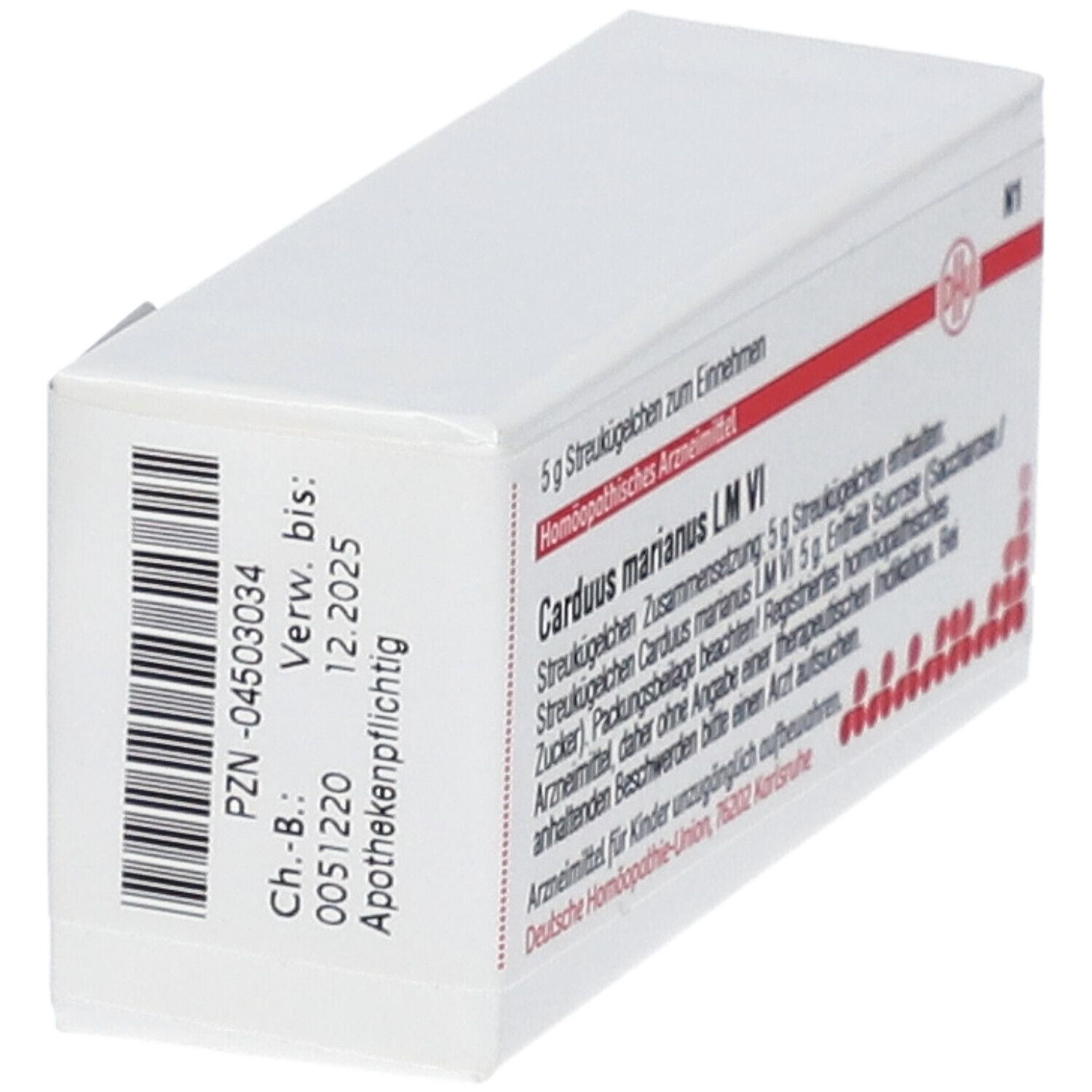 Weiße Schachtel, Seitenansicht. Aufschrift: Carduus marianus LM VI. PZN-04503034. Verwendbar bis 12.2025.
