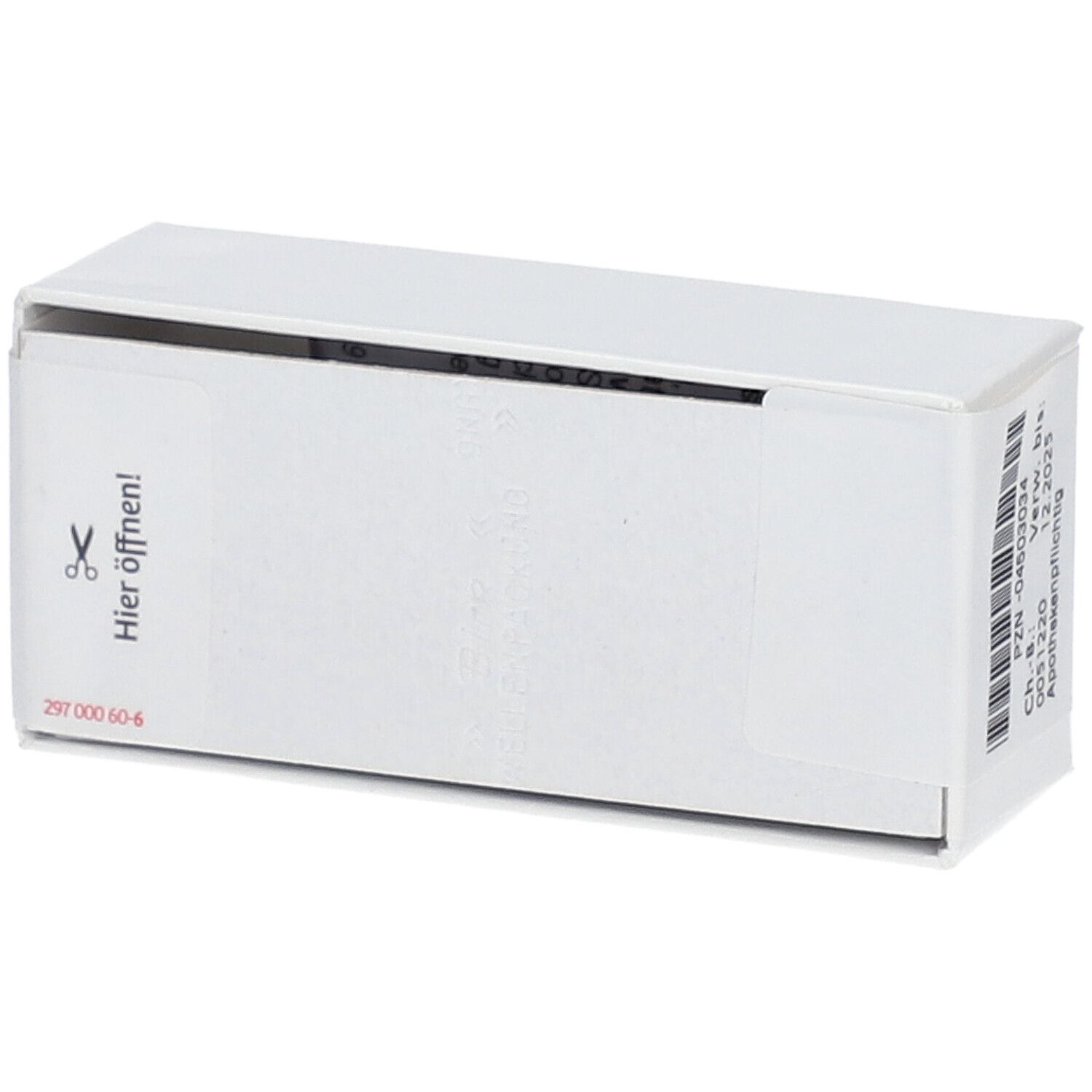 Weiße Schachtel mit Aufdruck "Hier öffnen!". Barcode und PZN-Nummer. Apothekenpflichtig.