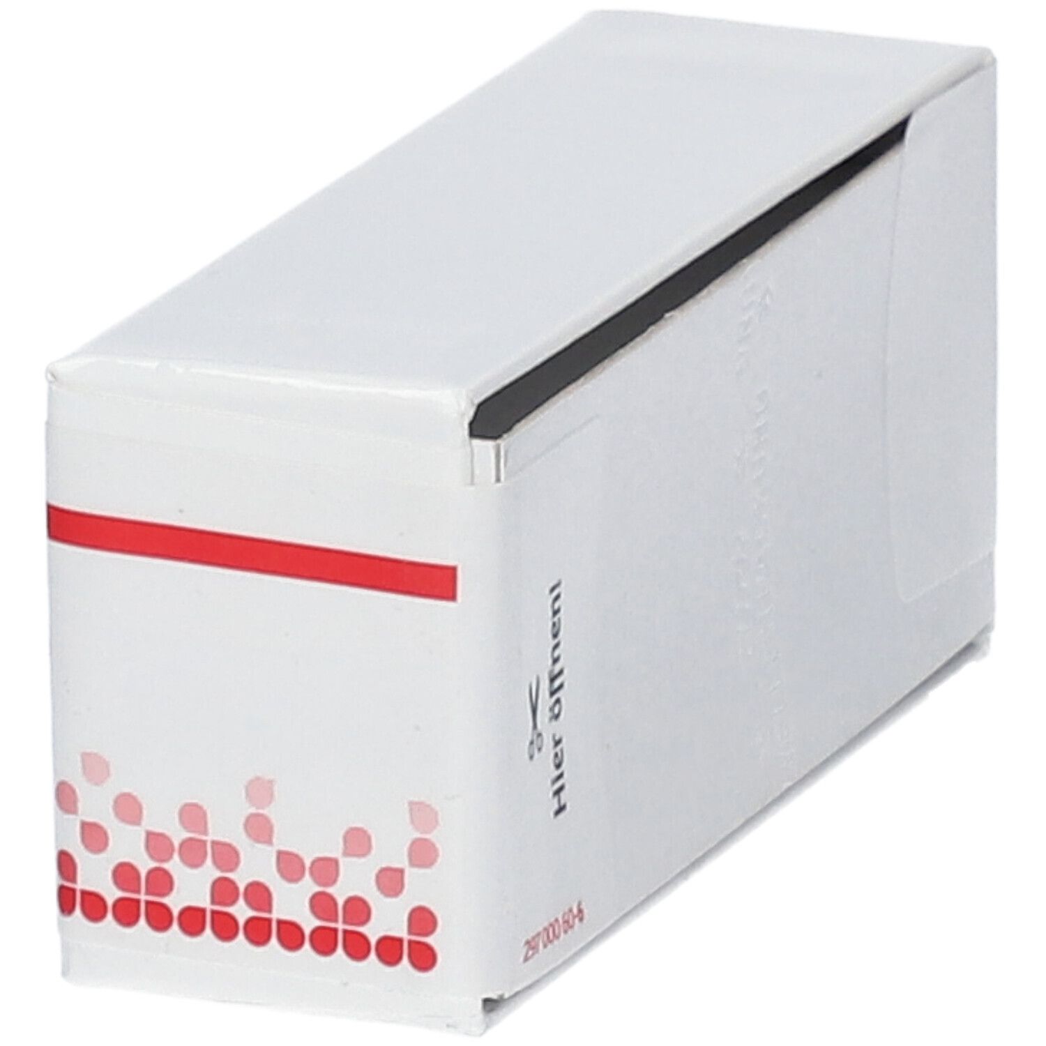 Weiße Schachtel mit rotem Streifen und Aufdruck "Hier öffnen!". Apothekenpflichtig.