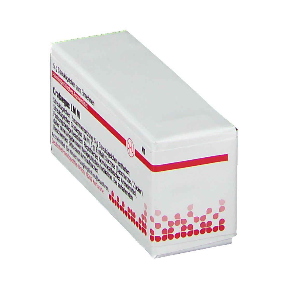 Schräg liegende, weiße Faltschachtel mit roter Schrift. Text: Crataegus LM VI, 5 g Streukügelchen. DHU-Logo.