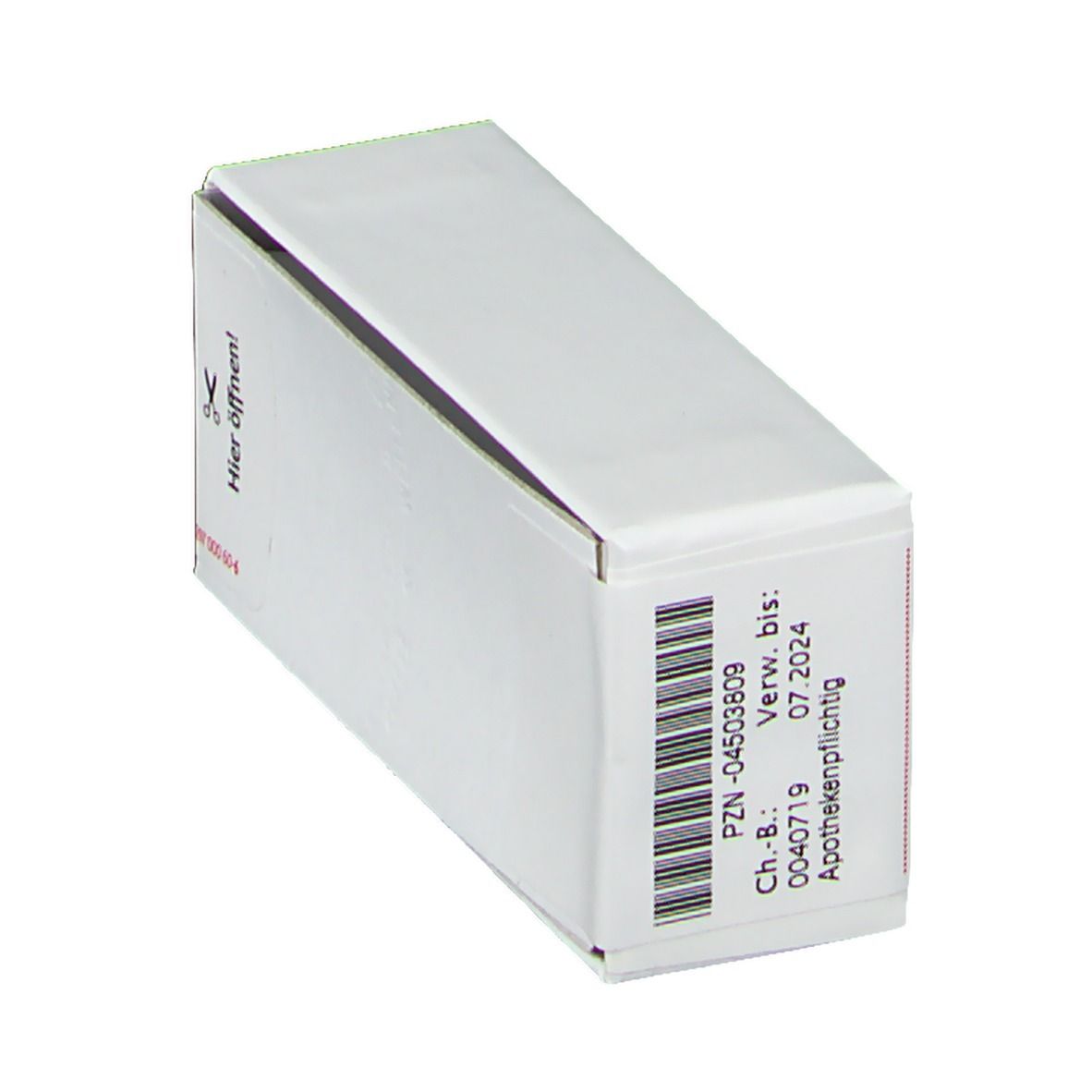 Weiße Faltschachtel, Barcode und Text. Text: PZN, Verwendbar bis, Apothekenpflichtig. Aufdruck: Hier öffnen.