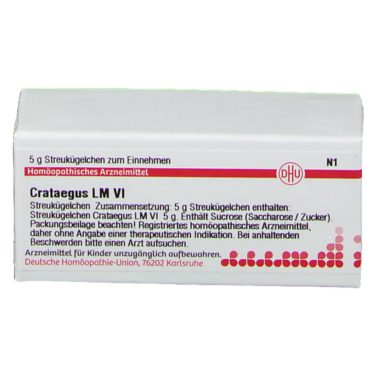 Weiße Faltschachtel mit roter Schrift und DHU-Logo. Text: Crataegus LM VI, 5 g Streukügelchen. Homöopathisches Arzneimittel.