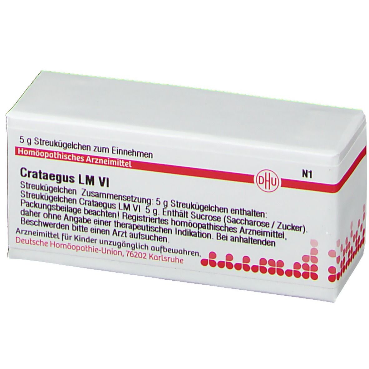 Weiße Faltschachtel mit roter Schrift und DHU-Logo. Text: Crataegus LM VI, 5 g Streukügelchen. Homöopathisches Arzneimittel.