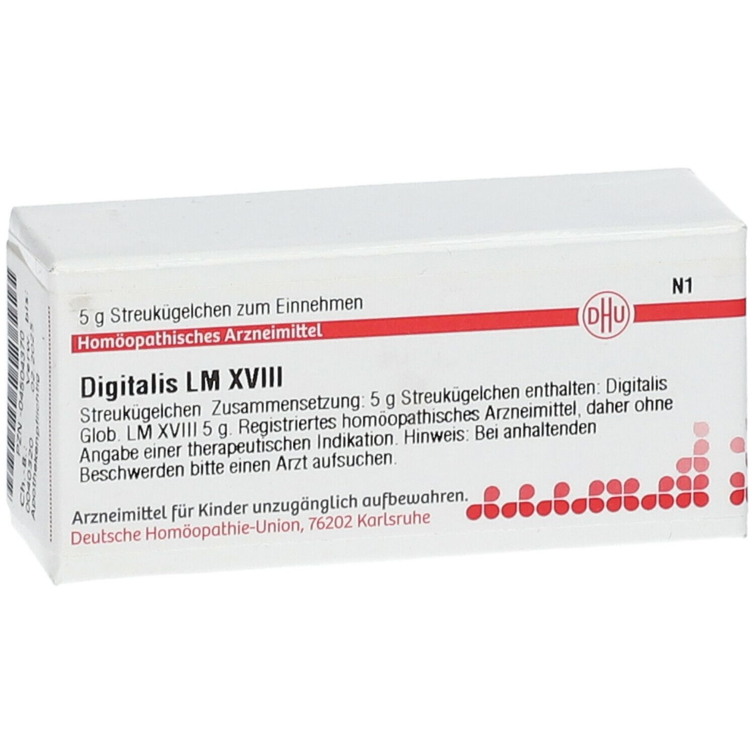 Weiße Schachtel mit roter Linie und Text. Aufschrift: Digitalis LM XVIII, DHU Logo. Rote Punkte am unteren Rand.