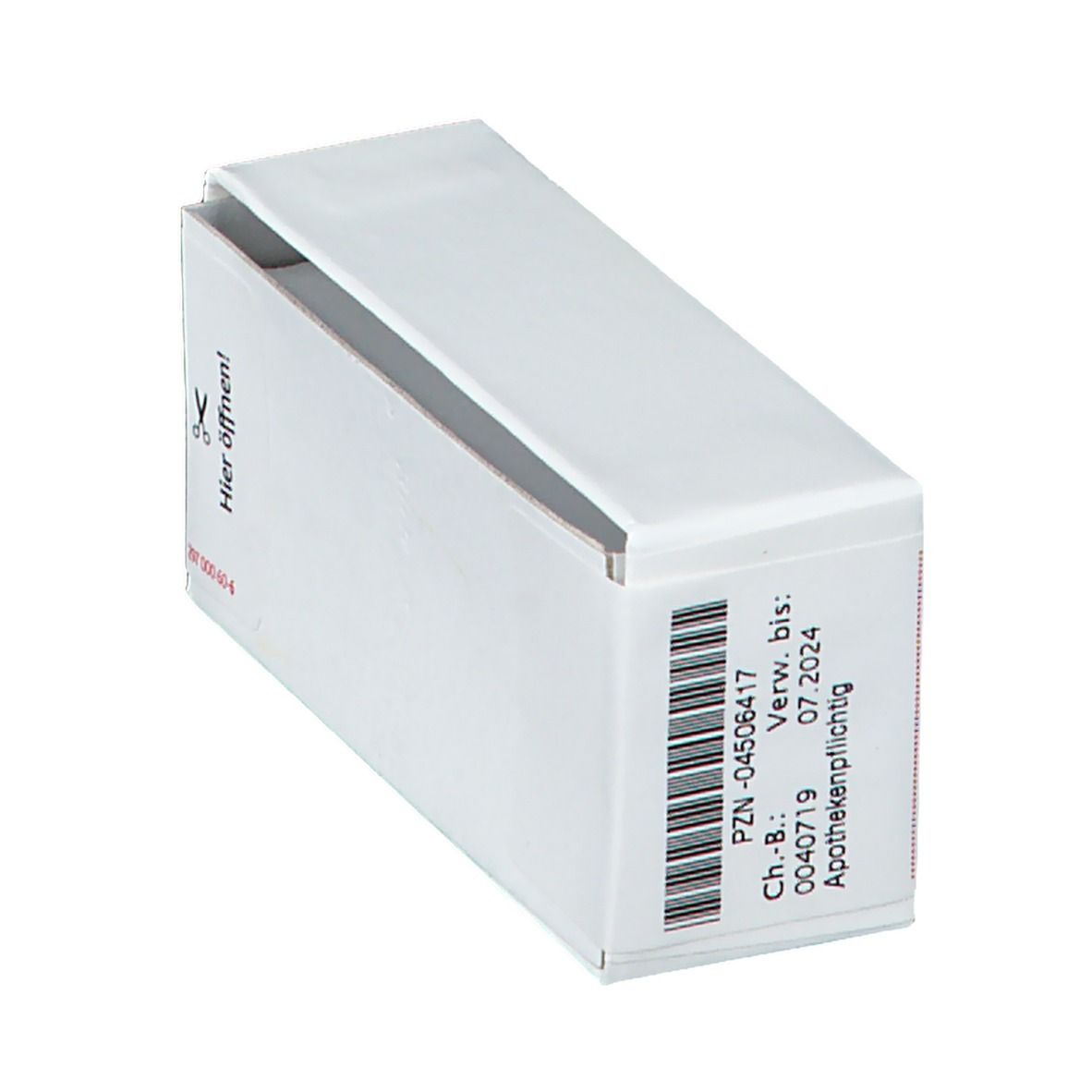 Geöffnete, weiße Faltschachtel mit Barcode, Verfallsdatum und Aufdruck "Apothekenpflichtig".