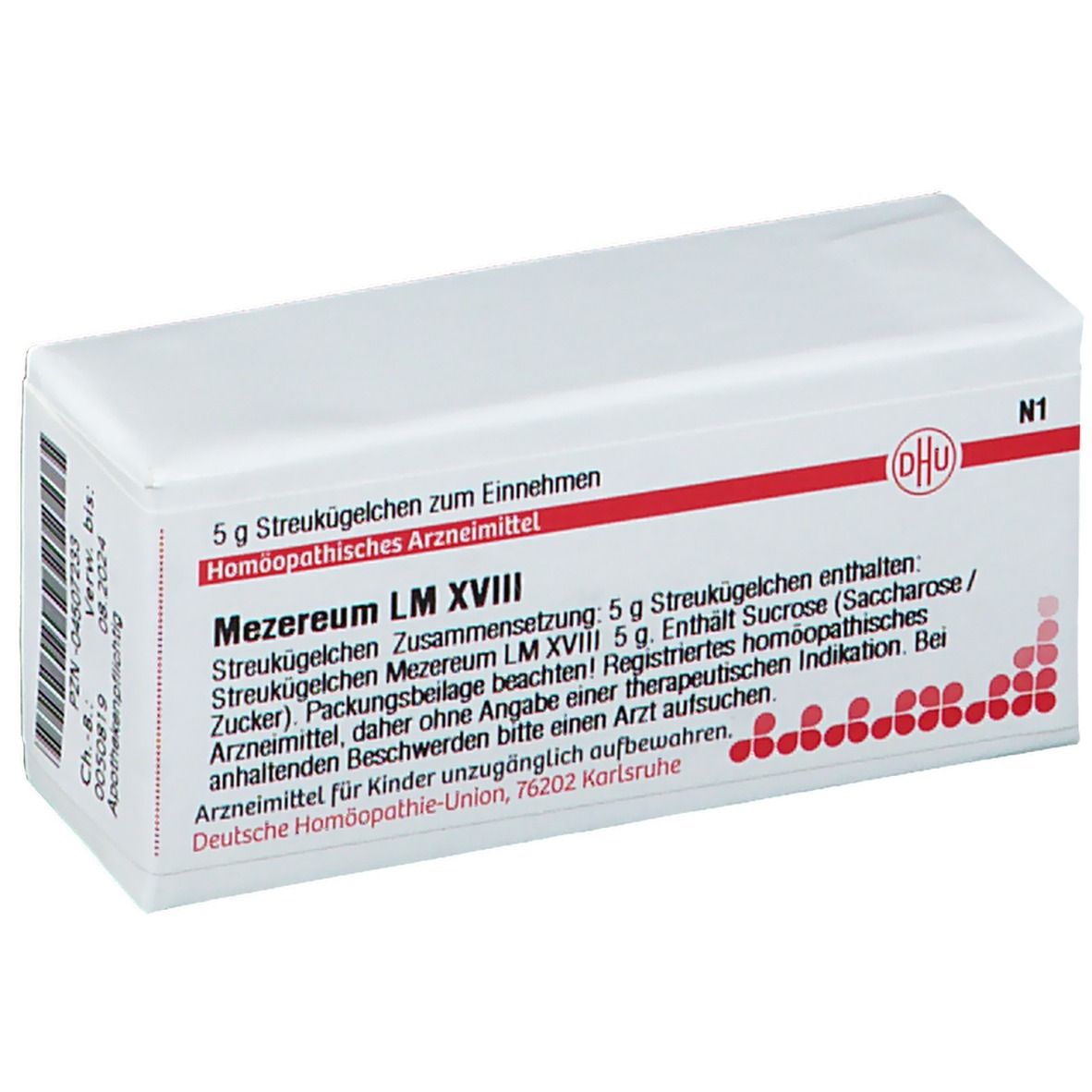 Weiße rechteckige Schachtel mit roter Schrift und DHU-Logo. Text: Mezereum LM XVIII, 5 g Streukügelchen. Apothekenpflichtig.
