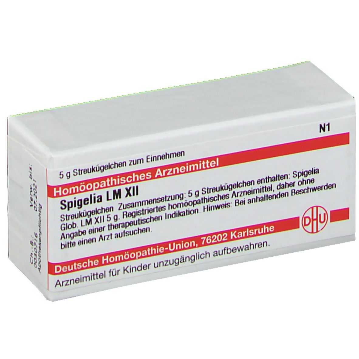 Weiße Schachtel mit roter Schrift. Aufschrift: Spigelia LM XII, DHU Logo. Enthält Streukügelchen. N1.