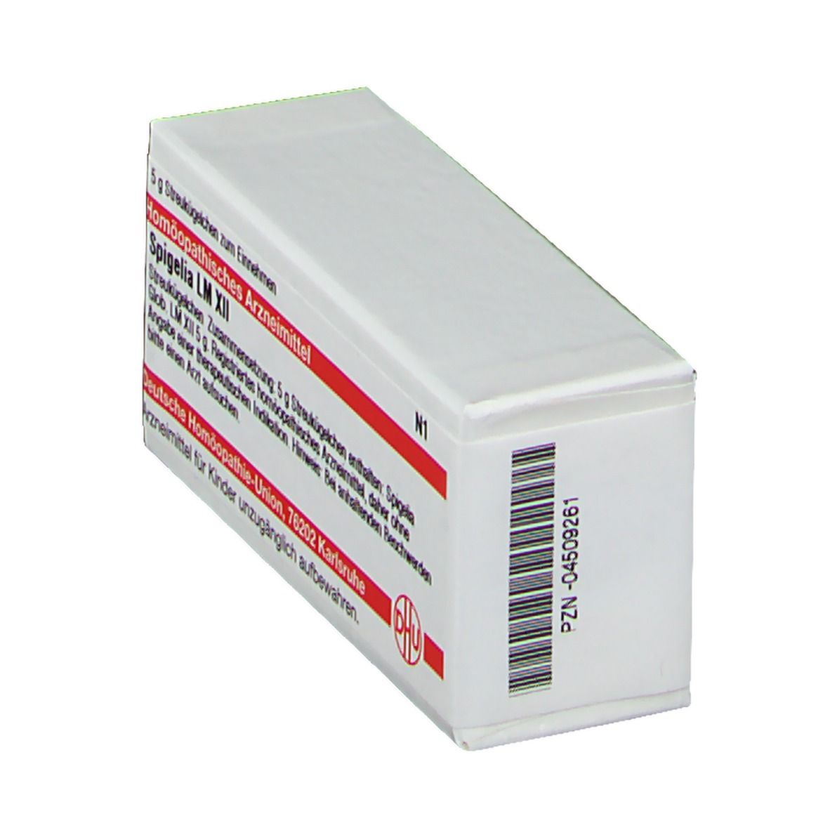 Weiße Schachtel mit roter Schrift und Barcode. Aufschrift: Spigelia LM XII. DHU Logo. PZN-04509261.