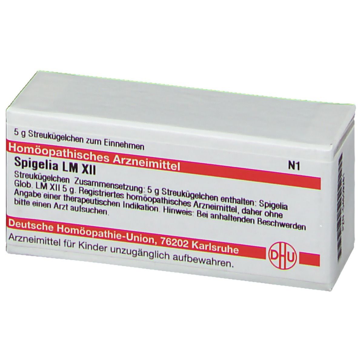 Weiße Schachtel mit roter Schrift. Aufschrift: Spigelia LM XII, DHU Logo. Enthält Streukügelchen. N1.