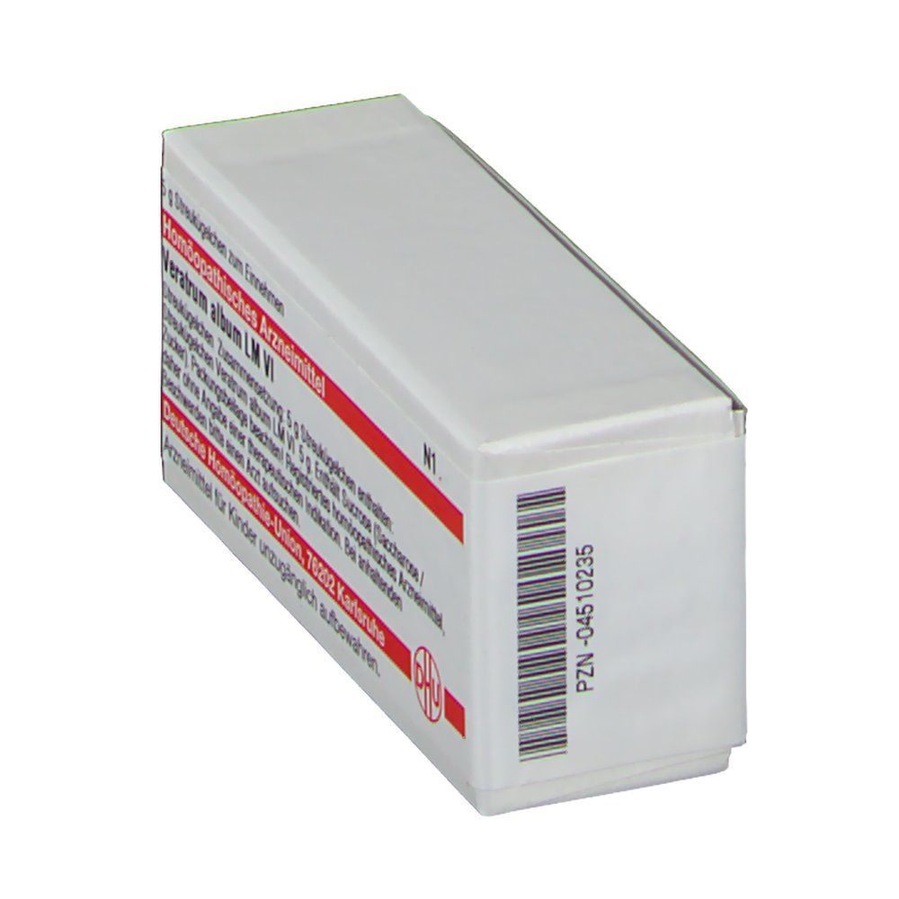 Weiße Arzneimittelverpackung, rote Schrift. Barcode und DHU Logo. Text: Veratrum album LM VI. N1.