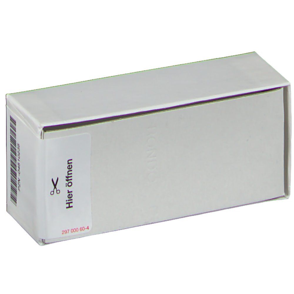 Weiße Arzneimittelverpackung. Aufkleber mit Schere und Text: Hier öffnen. Barcode.