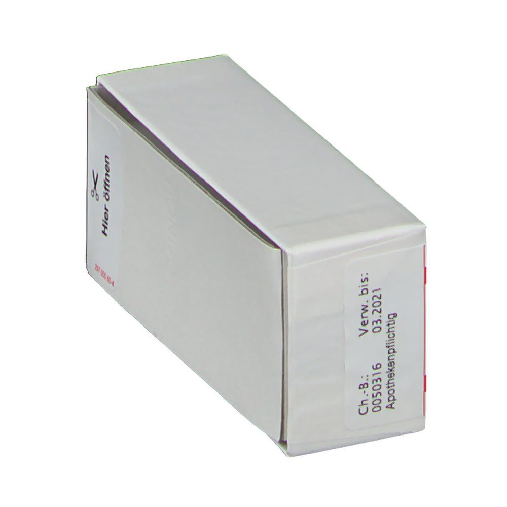 Weiße Arzneimittelverpackung. Aufkleber mit Text: Ch.B.: 0050316, Verwendbar bis 03.2021. Apothekenpflichtig.