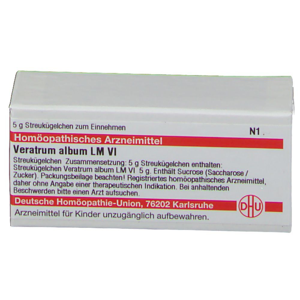 Weiße Arzneimittelverpackung mit roter Schrift. Text: Veratrum album LM VI, DHU Logo. N1.