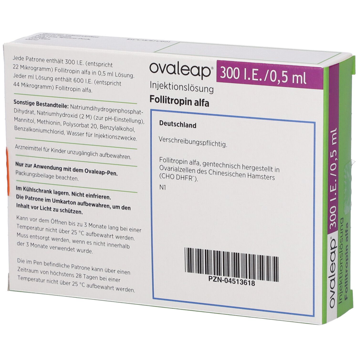 Rückseite der Ovaleap-Verpackung. Enthält Informationen zur Anwendung und Inhaltsstoffe. Aufschrift: 300 I.E./0,5 ml, Follitropin alfa.