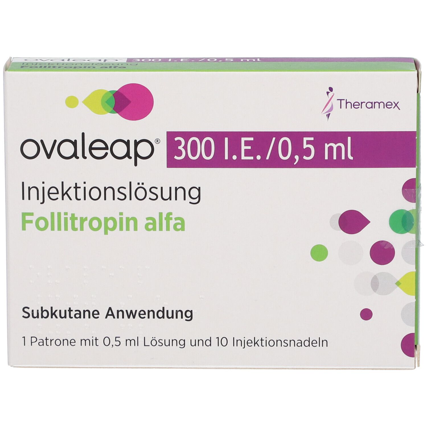 Vorderseite der Ovaleap-Verpackung. Aufschrift: 300 I.E./0,5 ml, Injektionslösung, Follitropin alfa. Enthält 1 Patrone und 10 Nadeln.