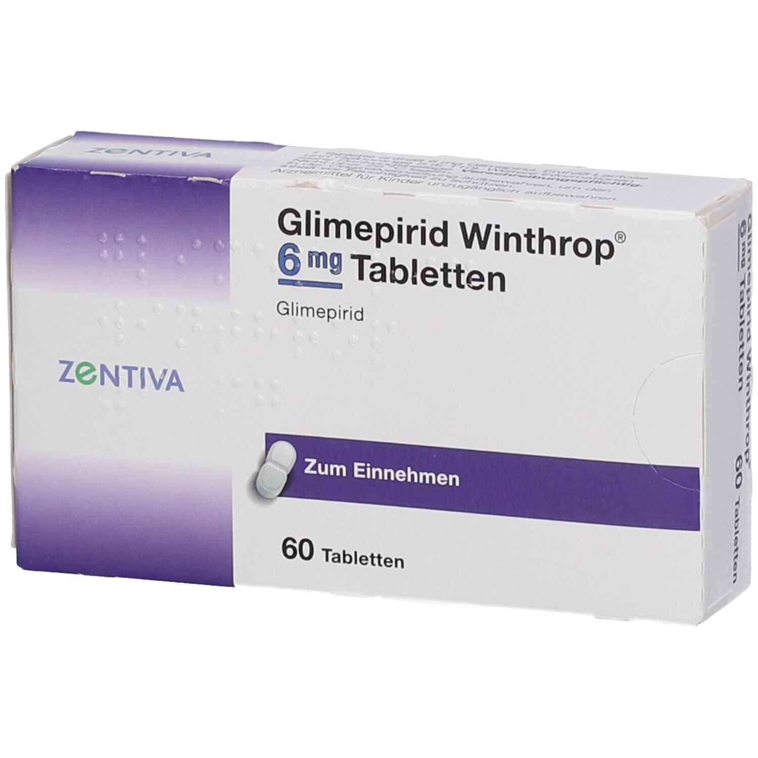 Schachtel GLIMEPIRID Winthrop 6 mg Tabletten, 60 Tabletten. Zentiva-Logo. Schräge Ansicht. Weiße und violette Farbgebung.