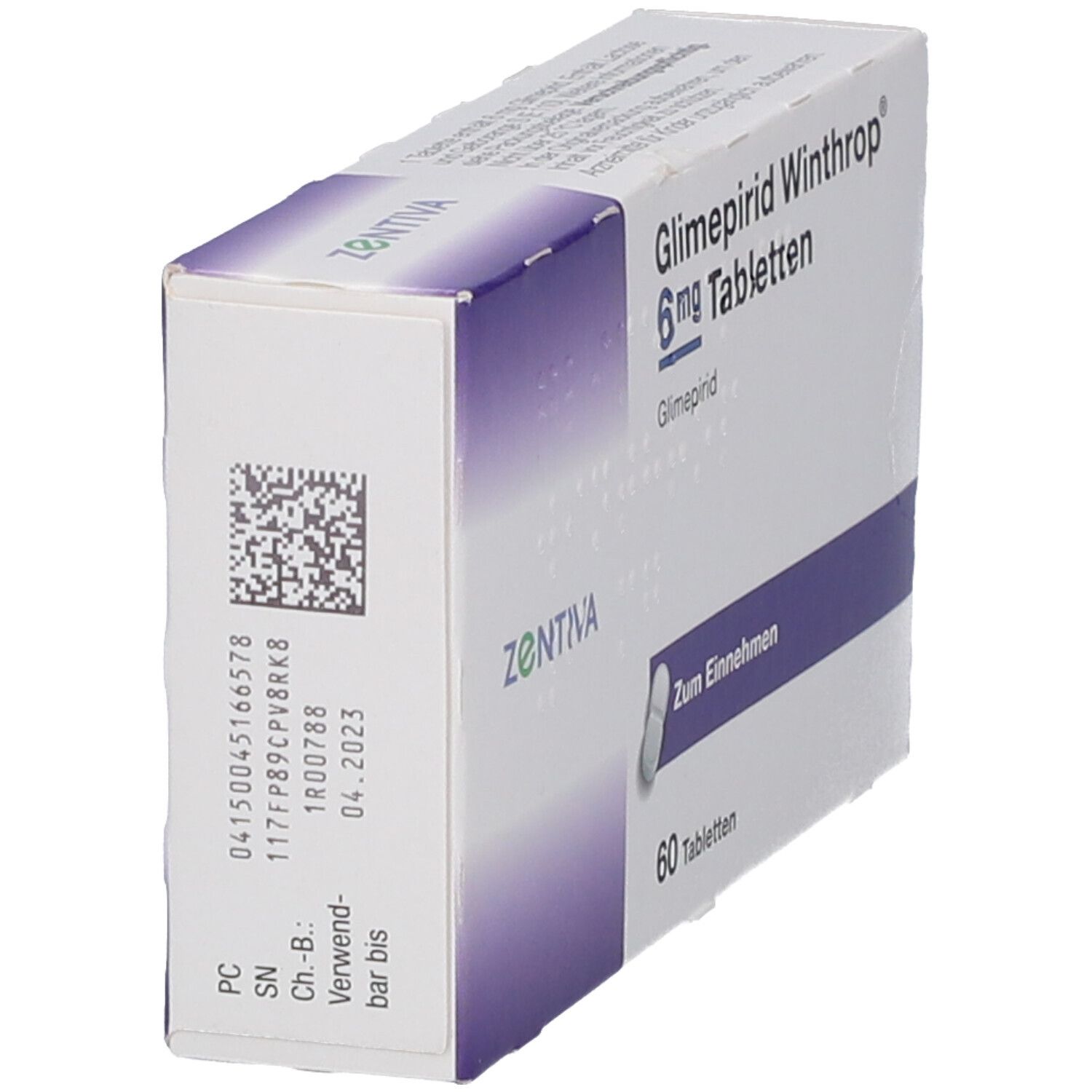 Schachtel GLIMEPIRID Winthrop 6 mg Tabletten. Rückseite mit Barcode und Verfallsdatum. 60 Tabletten. Zentiva-Logo.