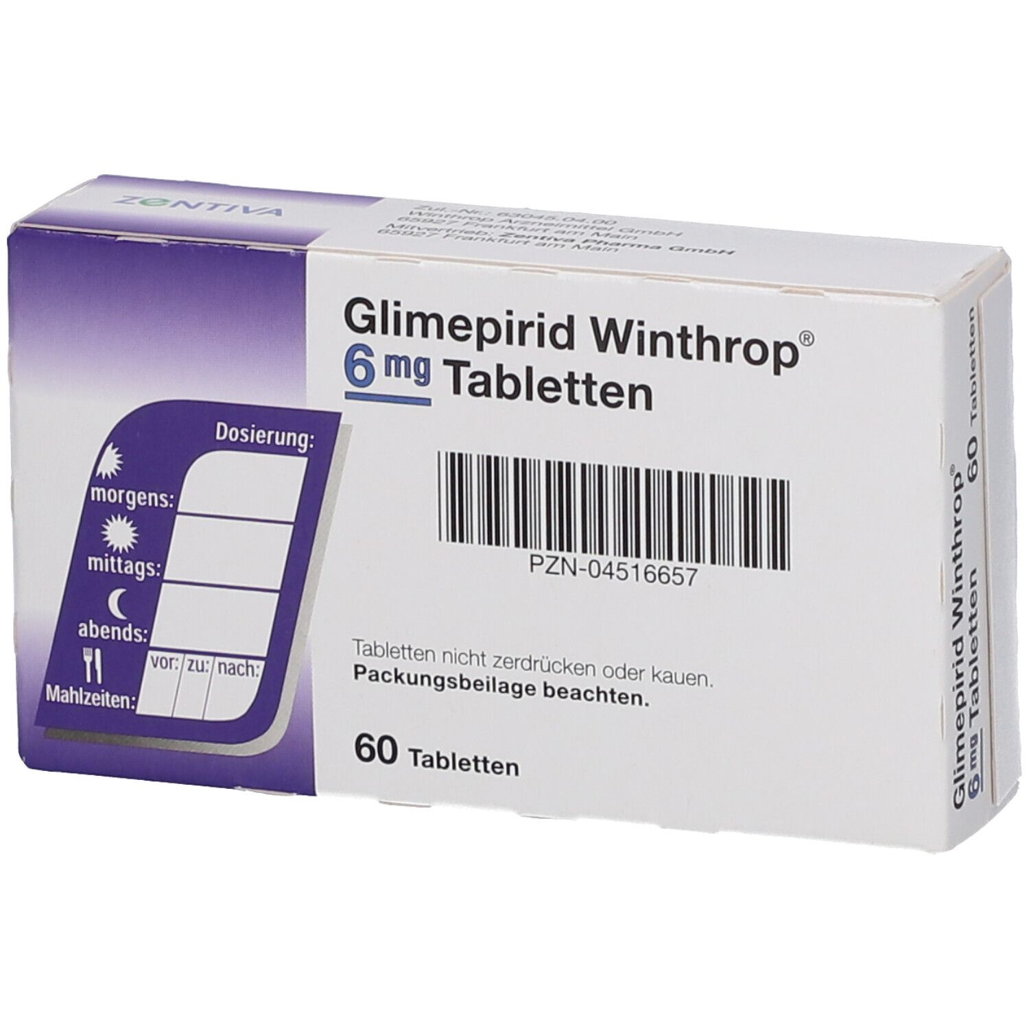 Schachtel GLIMEPIRID Winthrop 6 mg Tabletten. Dosierungsanleitung. 60 Tabletten. Zentiva-Logo. Weiße und violette Farbgebung.
