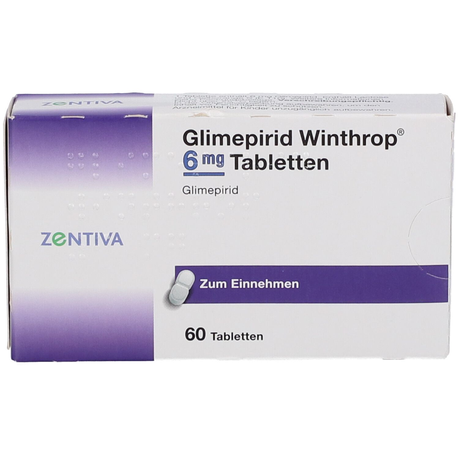 Schachtel GLIMEPIRID Winthrop 6 mg Tabletten. 60 Tabletten. Zentiva-Logo. Weiße und violette Farbgebung. Perspektivische Ansicht.