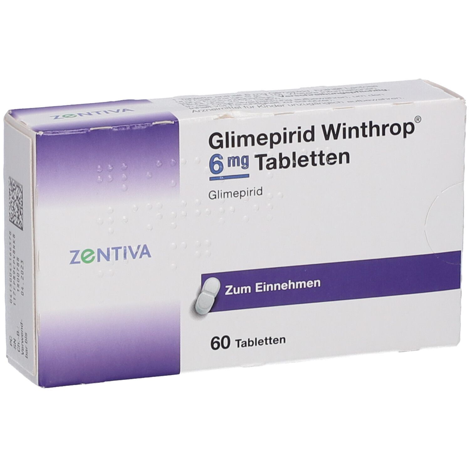 Schachtel GLIMEPIRID Winthrop 6 mg Tabletten. 60 Tabletten. Zentiva-Logo. Weiße und violette Farbgebung. Perspektivische Ansicht.