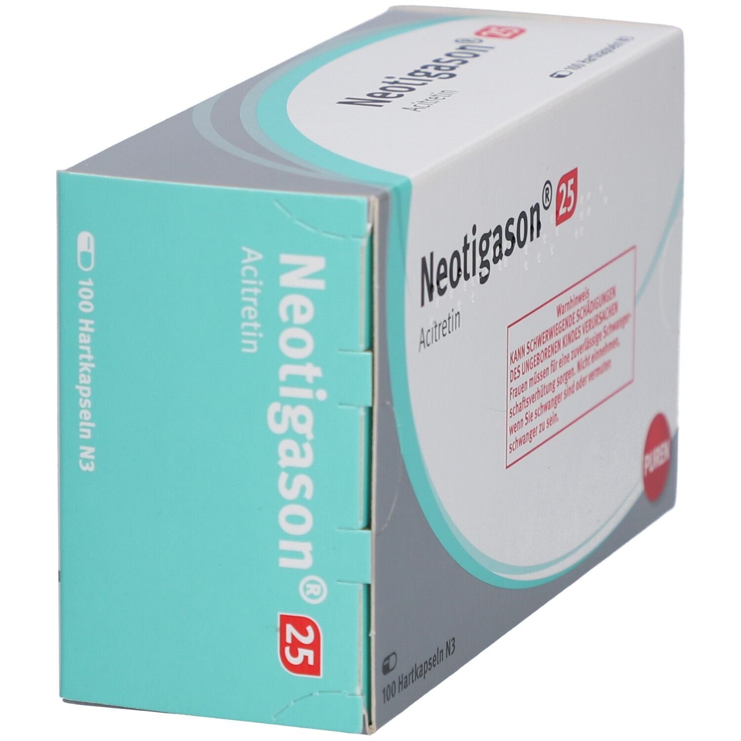Schachtel Neotigason 25, Acitretin. Enthält 100 Hartkapseln N3. Teilansicht der Verpackung. PUREN-Logo.