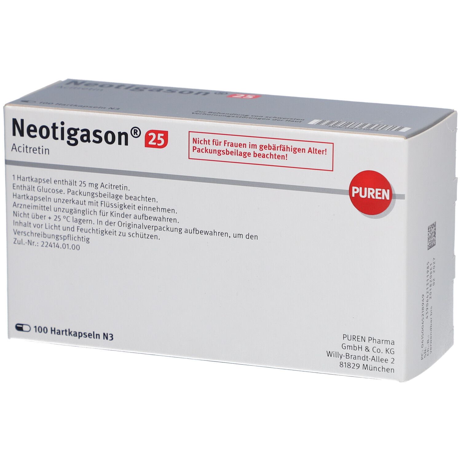 Schachtel Neotigason 25, Acitretin. Enthält 100 Hartkapseln N3. PUREN-Logo. Text: Nicht für Frauen im gebärfähigen Alter!