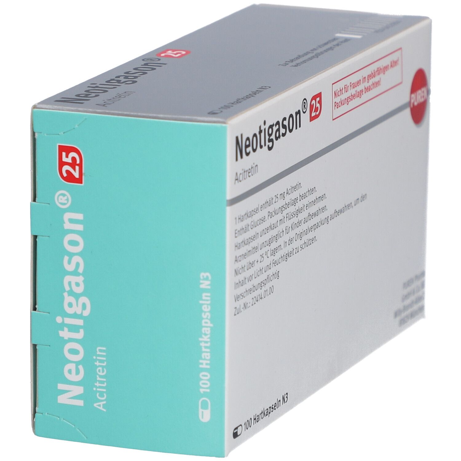 Schachtel Neotigason 25, Acitretin. Enthält 100 Hartkapseln N3. PUREN-Logo. Teilansicht der Verpackung.