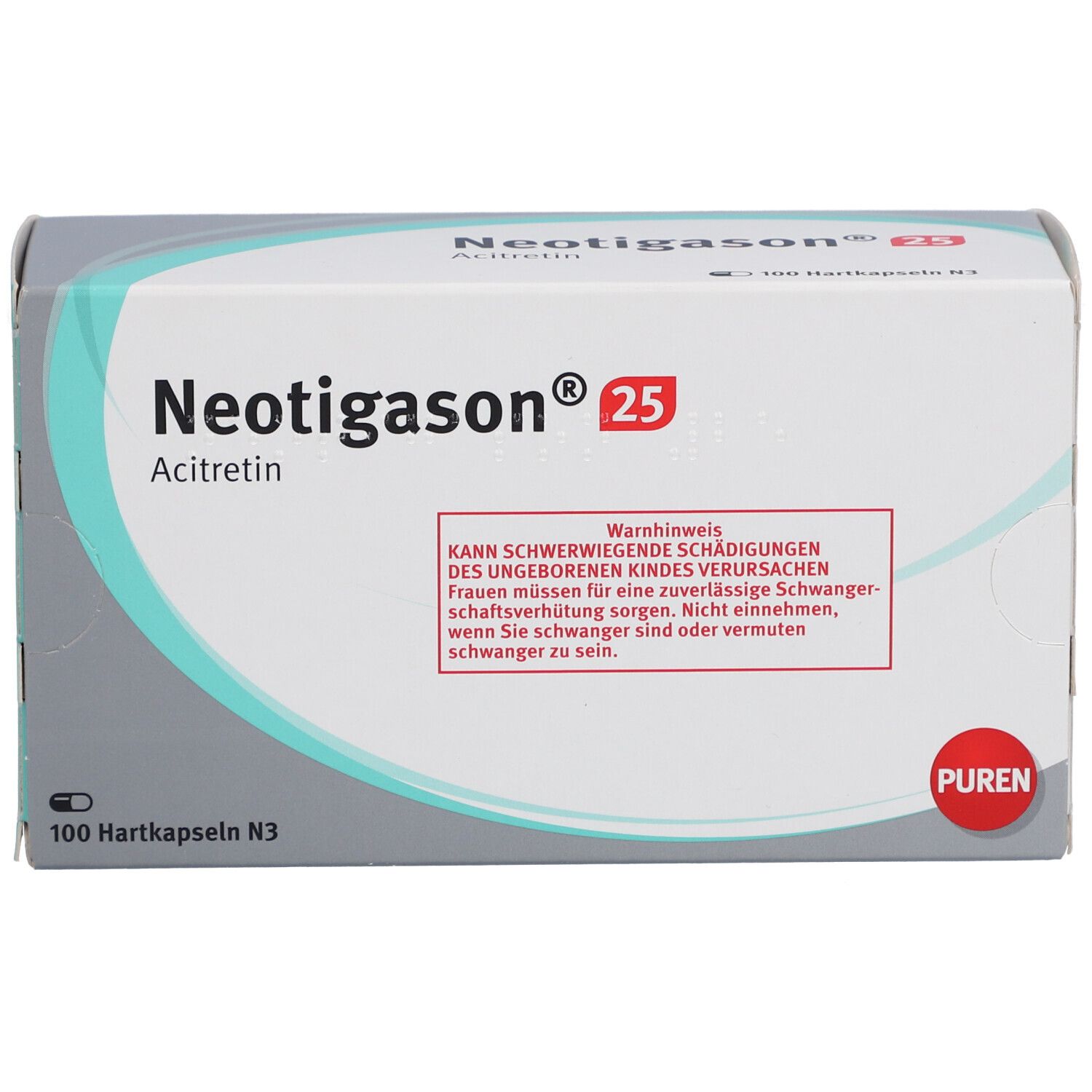 Schachtel Neotigason 25, Acitretin. Enthält 100 Hartkapseln N3. PUREN-Logo. Warnhinweis auf der Verpackung.