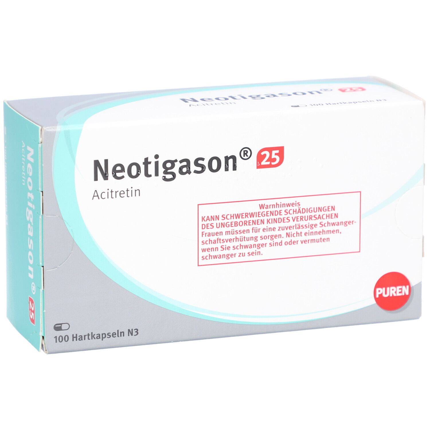 Schachtel Neotigason 25, Acitretin. Enthält 100 Hartkapseln N3. PUREN-Logo. Warnhinweis auf der Verpackung.