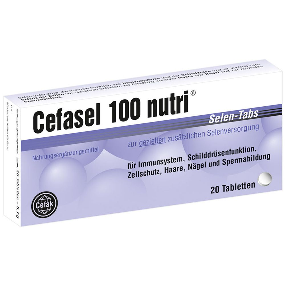 Weiße Schachtel mit "Cefasel 100 nutri" und "Selen-Tabs". Enthält 20 Tabletten. Aufdrucke in Deutsch.