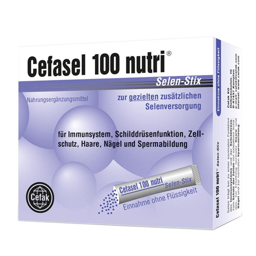Weißer Karton mit "Cefasel 100 nutri Selen-Stix". Enthält eine Packung mit Selen-Stix.