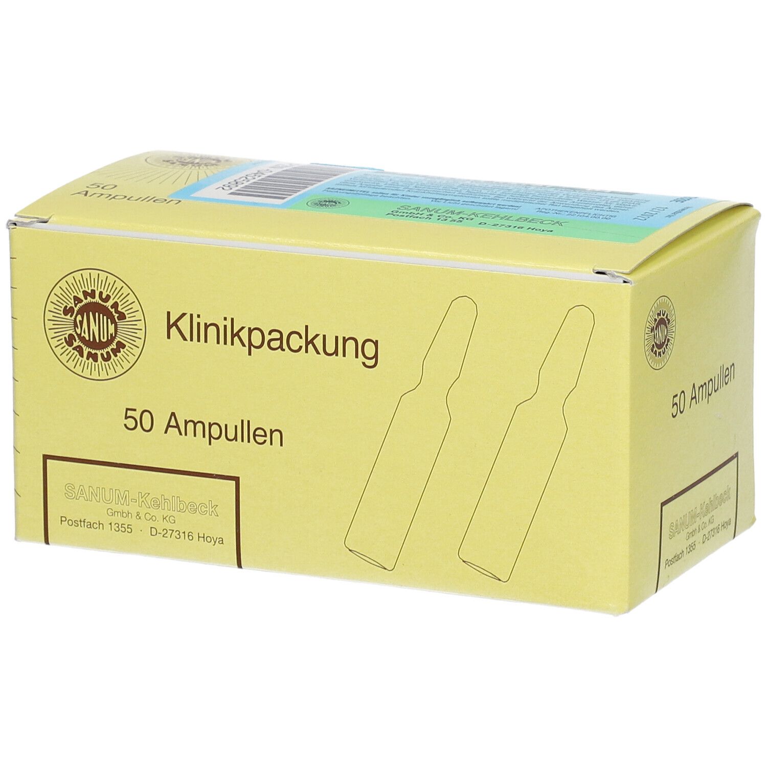 Gelbe Kartonverpackung mit Aufschrift "Klinikpackung" und "50 Ampullen". Logo und Ampullen-Illustrationen.
