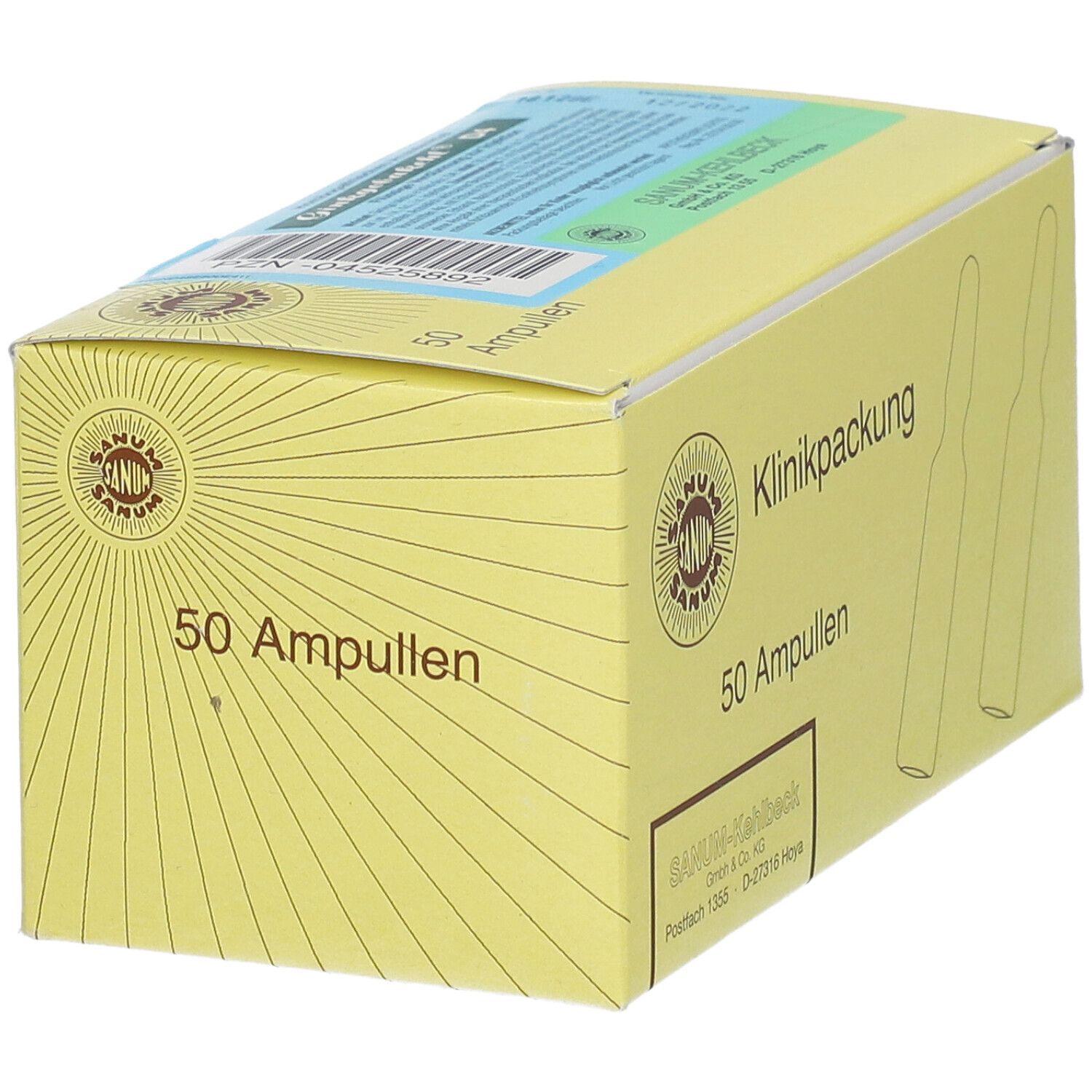 Gelbe Kartonverpackung mit "Klinikpackung" und "50 Ampullen". Logo und Ampullen-Illustrationen. Blickwinkel schräg.