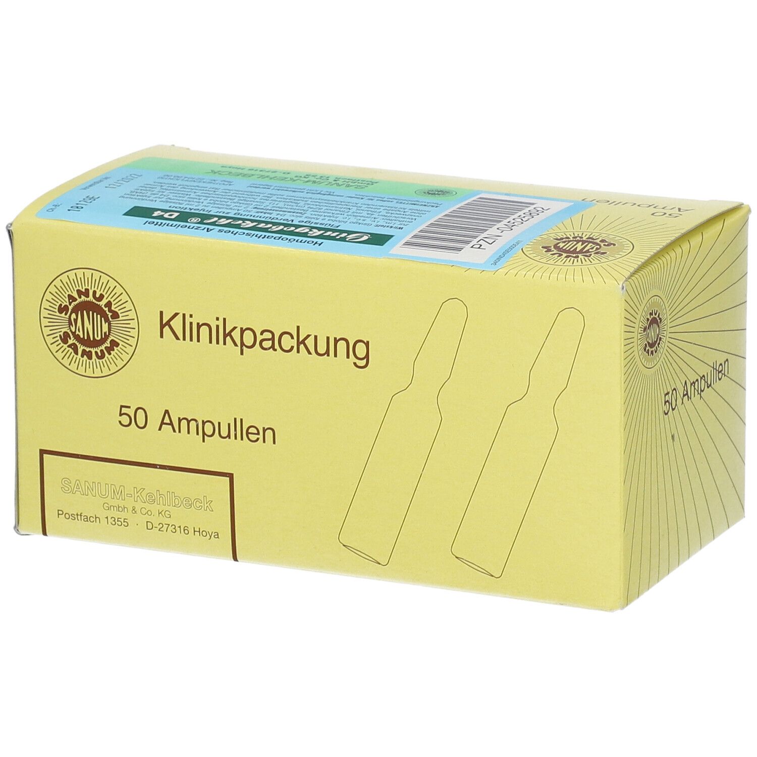 Gelbe Kartonverpackung mit "Klinikpackung" und "50 Ampullen". Logo und Ampullen-Illustrationen. Produktname sichtbar.